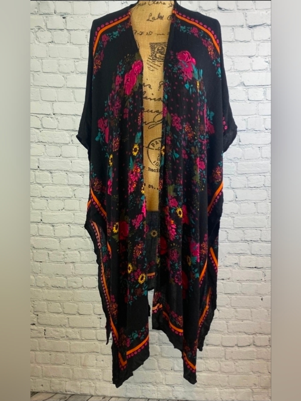 Boho Crinkly Floral Open Front Kimono One Size